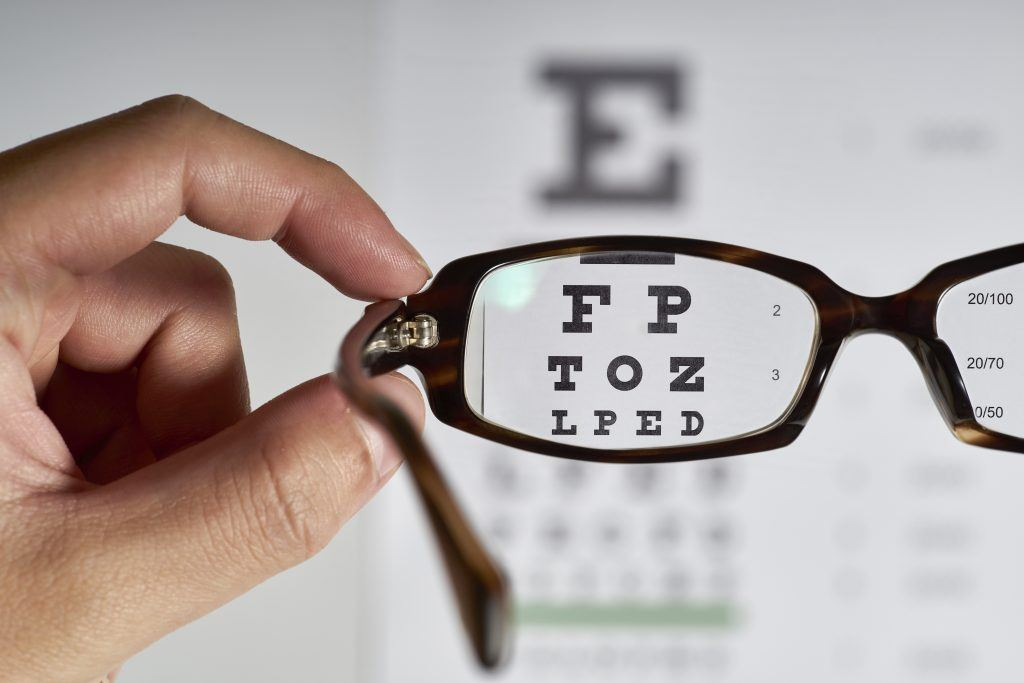 eye glasses focusing on eye chart