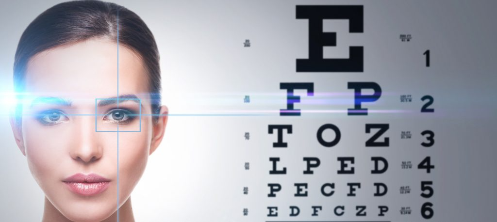 woman with retical on eye looking at eye chart