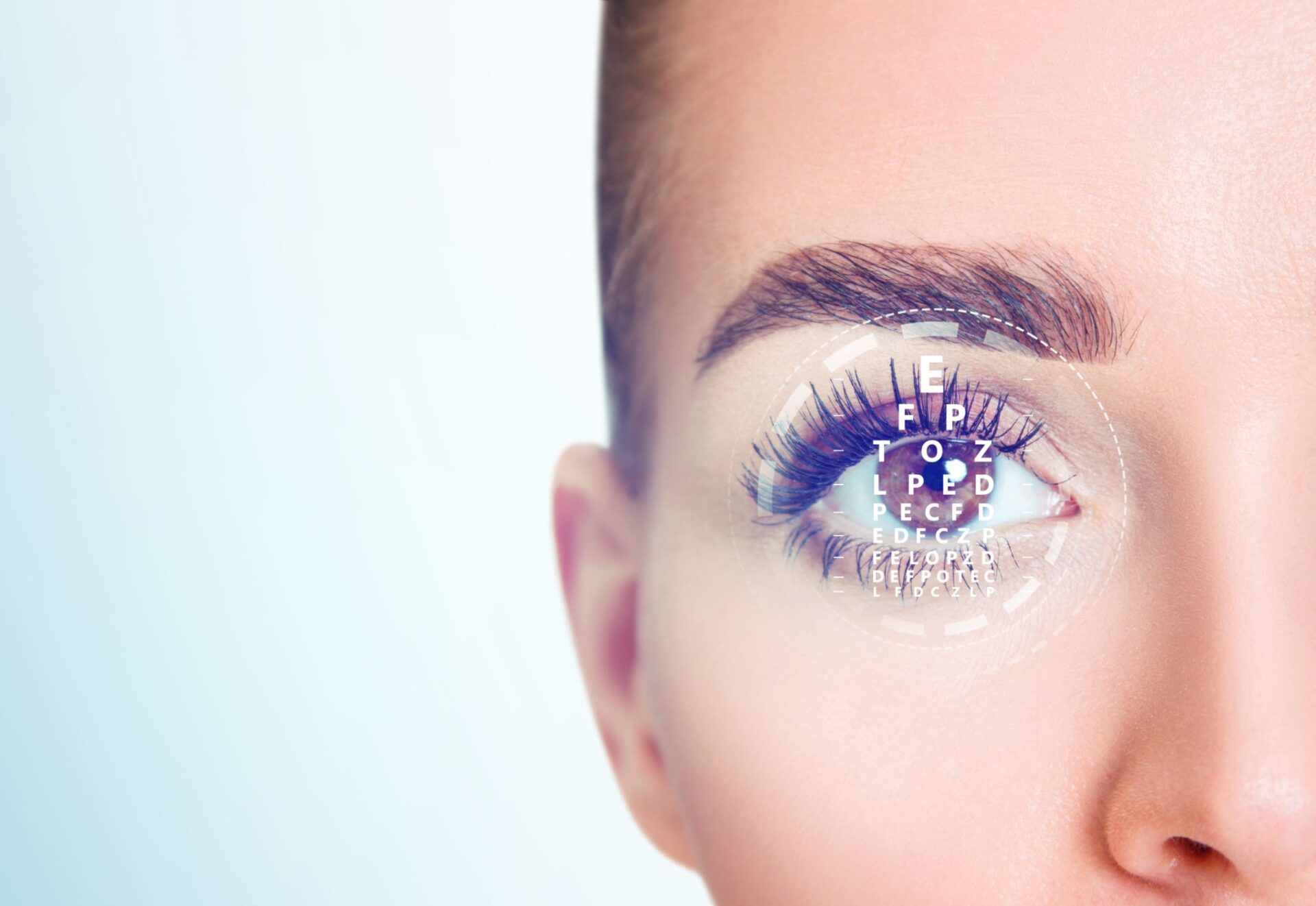 Woman eye and eyechart in scanning circle closeup
